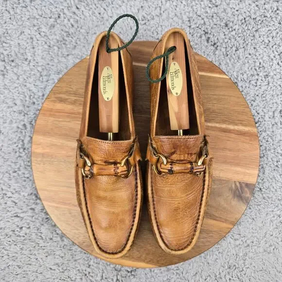 Zelli Mens 10.5M Brown Leather Patina Business Casual Wooden Horsebit Loafer